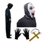 miniatura Guantes Negros y Cruz Dorada: Este par de guantes negros para adulto complementan la túnica