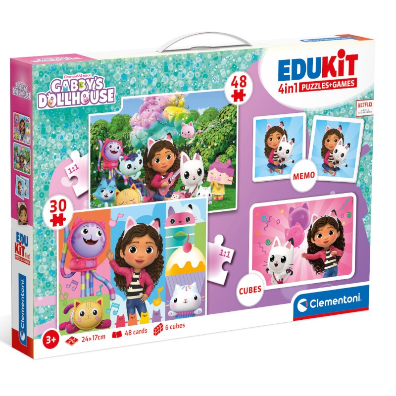 Clementoni Juegos Educativos Infantil Edukit 4 en 1 Gabby´s DollHouse - Puzzles - cubos - Memori  - Clementoni