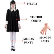 miniatura Disfraz de Merlina Gótico de Película. Vestido Negro con Cuello y Puños Blancos para Adulto.