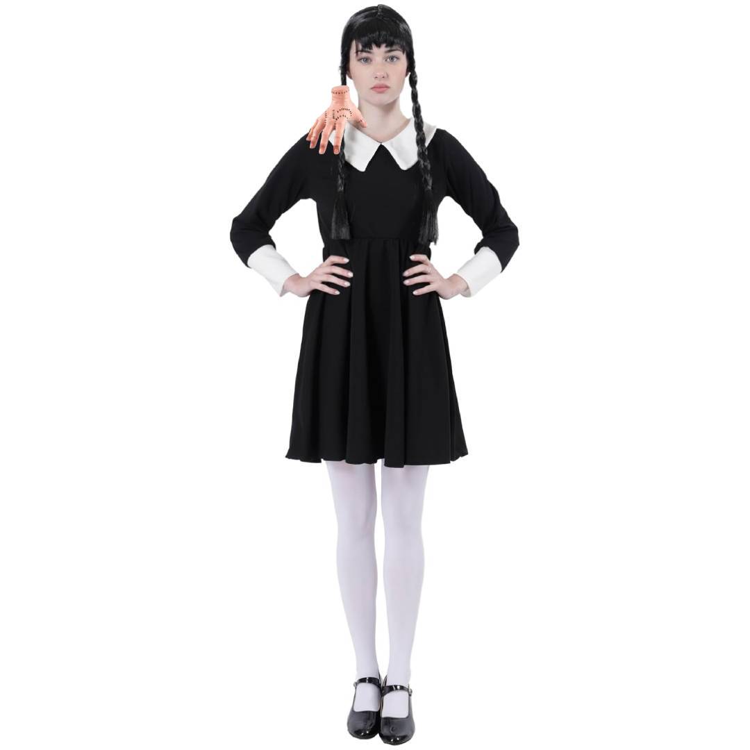 Disfraz Merlina Gótico Miércoles Addams - Vestido, La Mano de Látex, Peluca y Medias