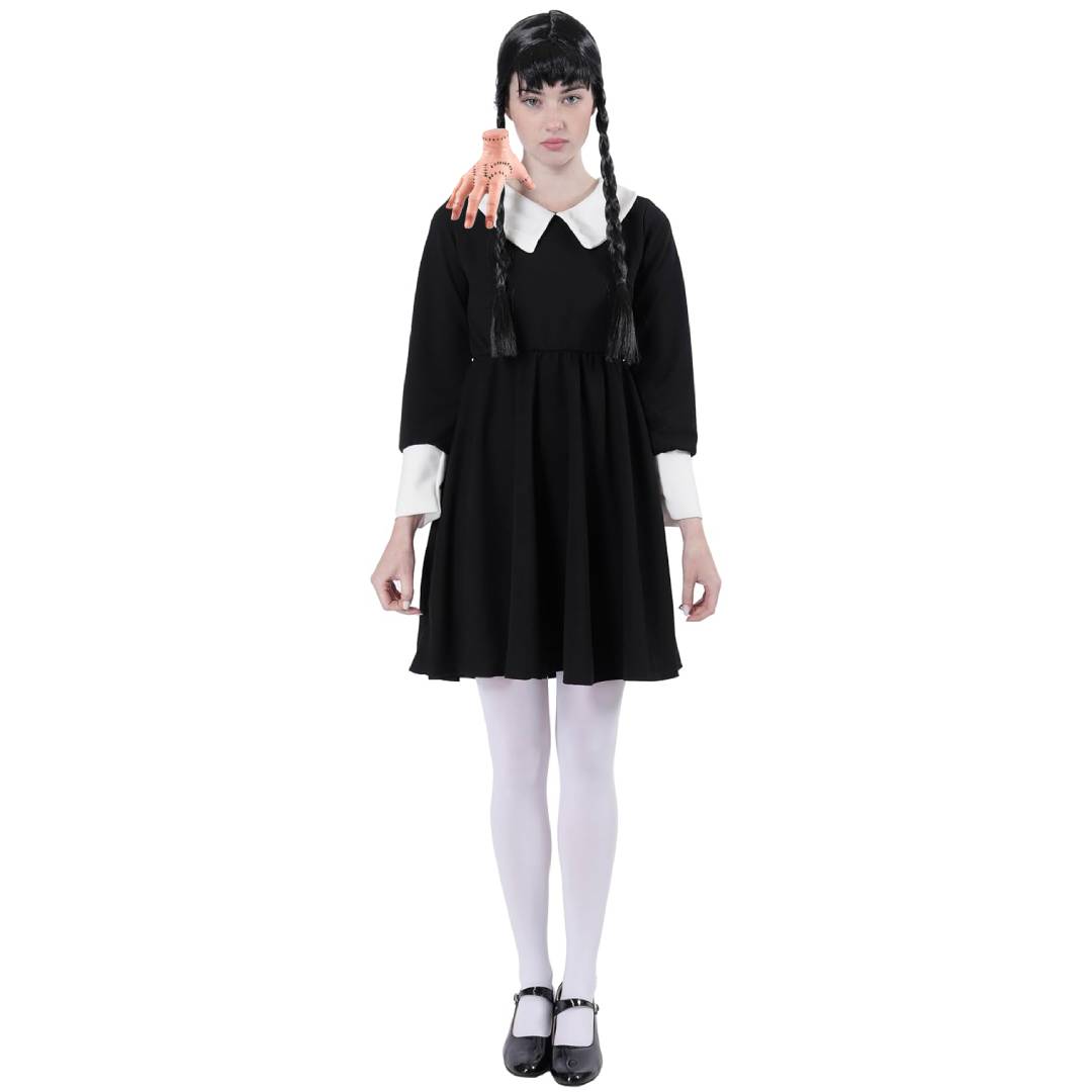 Disfraz Miércoles Addams Vestido Gótico Merlina con Medias y Mano de Látex
