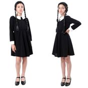 miniatura Kit Disfraz de Miércoles Addams para Niña. Incluye Vestido y Accesorio La Cosa. Tallas 4 a 14 años.