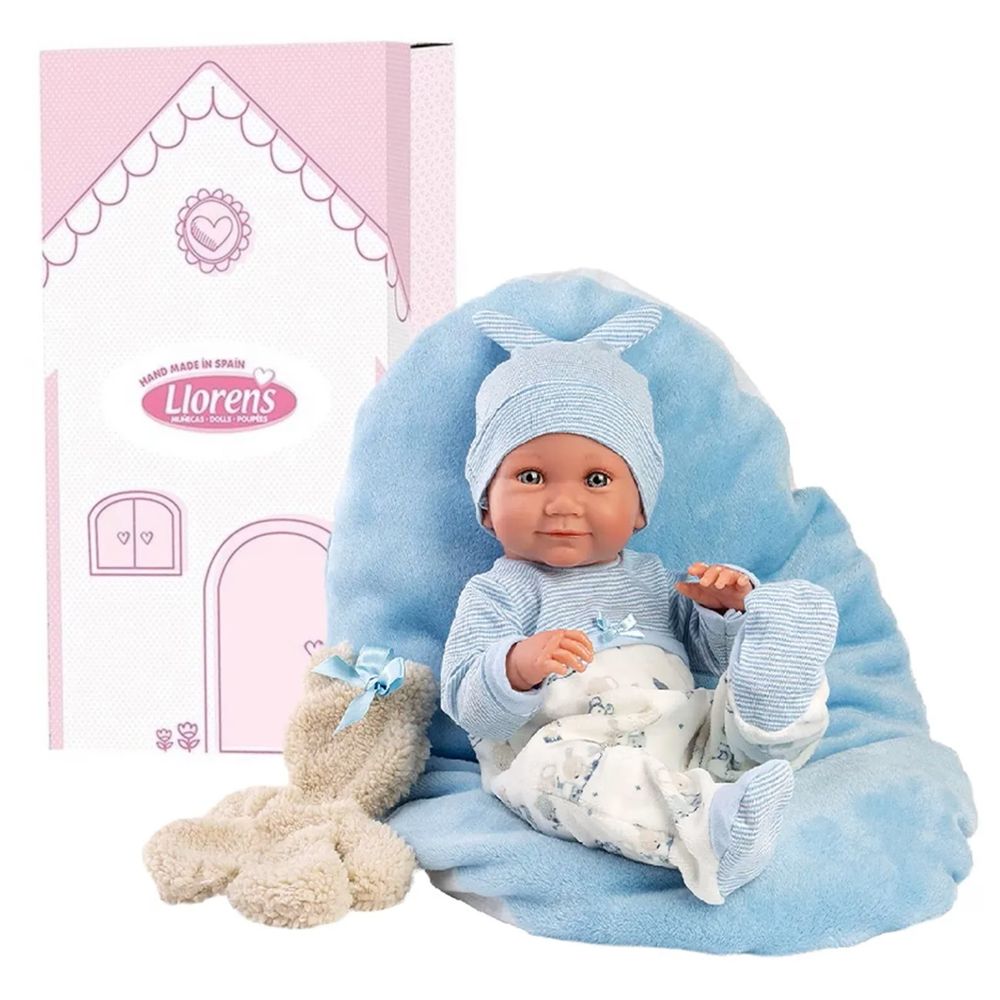 Llorens Muñeco Bebé Juan con Cojín celeste y Oso Newborn - cuerpo de Vinyl -  Llorens