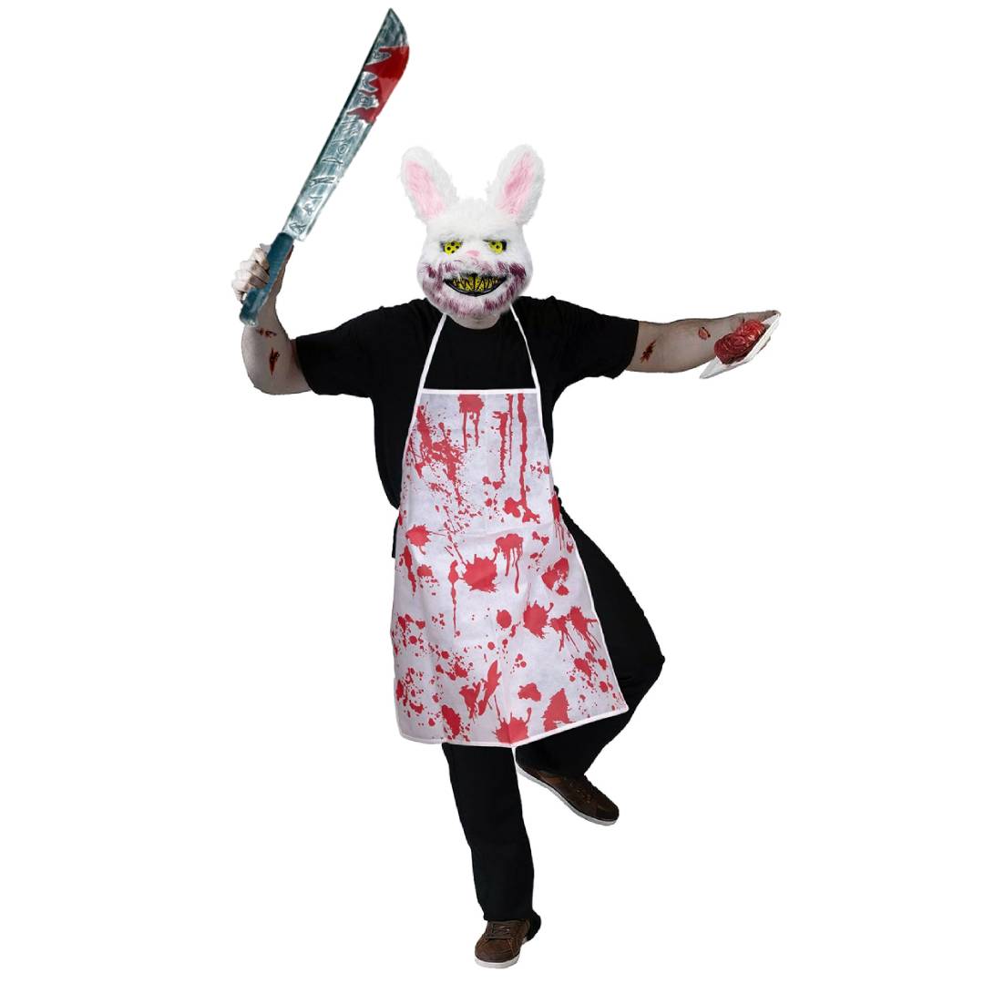 Disfraz Conejo Sangriento - Delantal Carnicero, Máscara y Machete