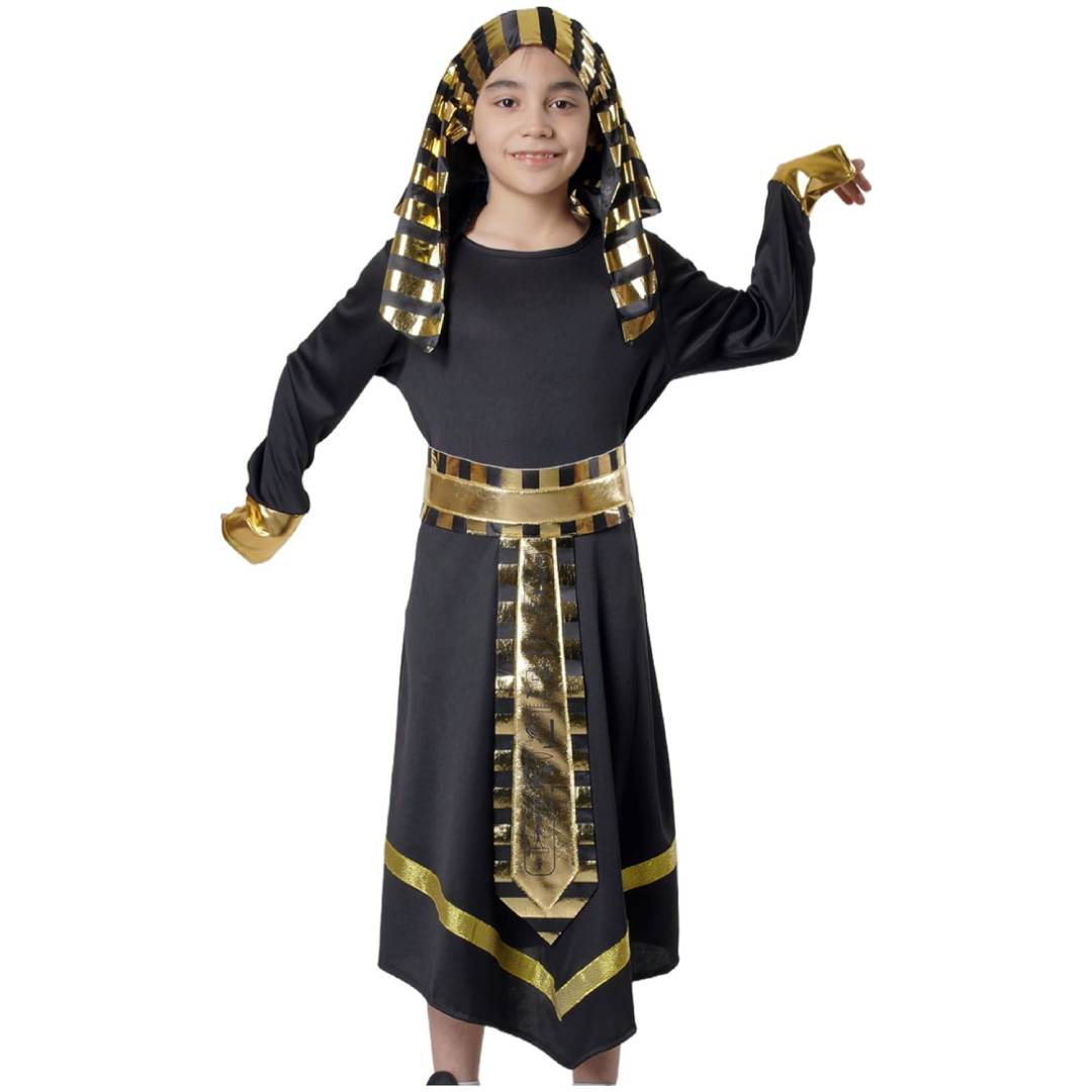 Disfraz de Faraón Egipcio para Niño - Traje Negro Histórico con Detalles Dorados Tallas 3-15 años