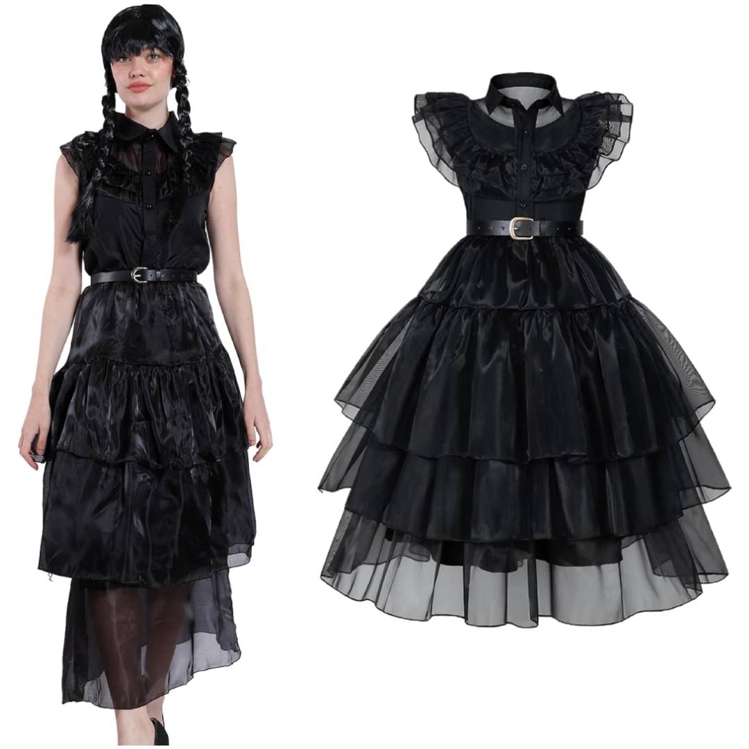 Disfraz Merlina Baile Miércoles Addams Mujer - Vestido Gala Gótico con Cinturón