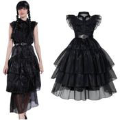 miniatura Disfraz Merlina Baile Miércoles Addams Mujer - Vestido Gala Gótico con Cinturón