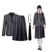 miniatura  El conjunto incluye una chaqueta elegante y una falda plisada a rayas en negro y gris.