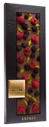 chocoMe - Chocolate con Leche 43% con Pistacho, Mora y Frambuesa entera