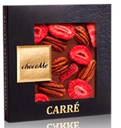 chocoMe - Chocolate con leche 85% con nuez pecana y rodajas de fresa liofilizadas 50 g