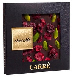 chocoMe -  Chocolate negro V90% con pistacho de Bronte y cereza liofilizada 50 g