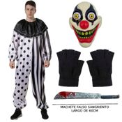 miniatura Kit de Disfraz de Payaso del Terror. Máscara, Machete Sangriento y Mono. Ideal para Halloween y Carn