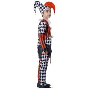 miniatura Disfraz de Payaso de Terror para Niño. Traje Arlequín Bicolor Negro y Rojo. Halloween, Carnaval