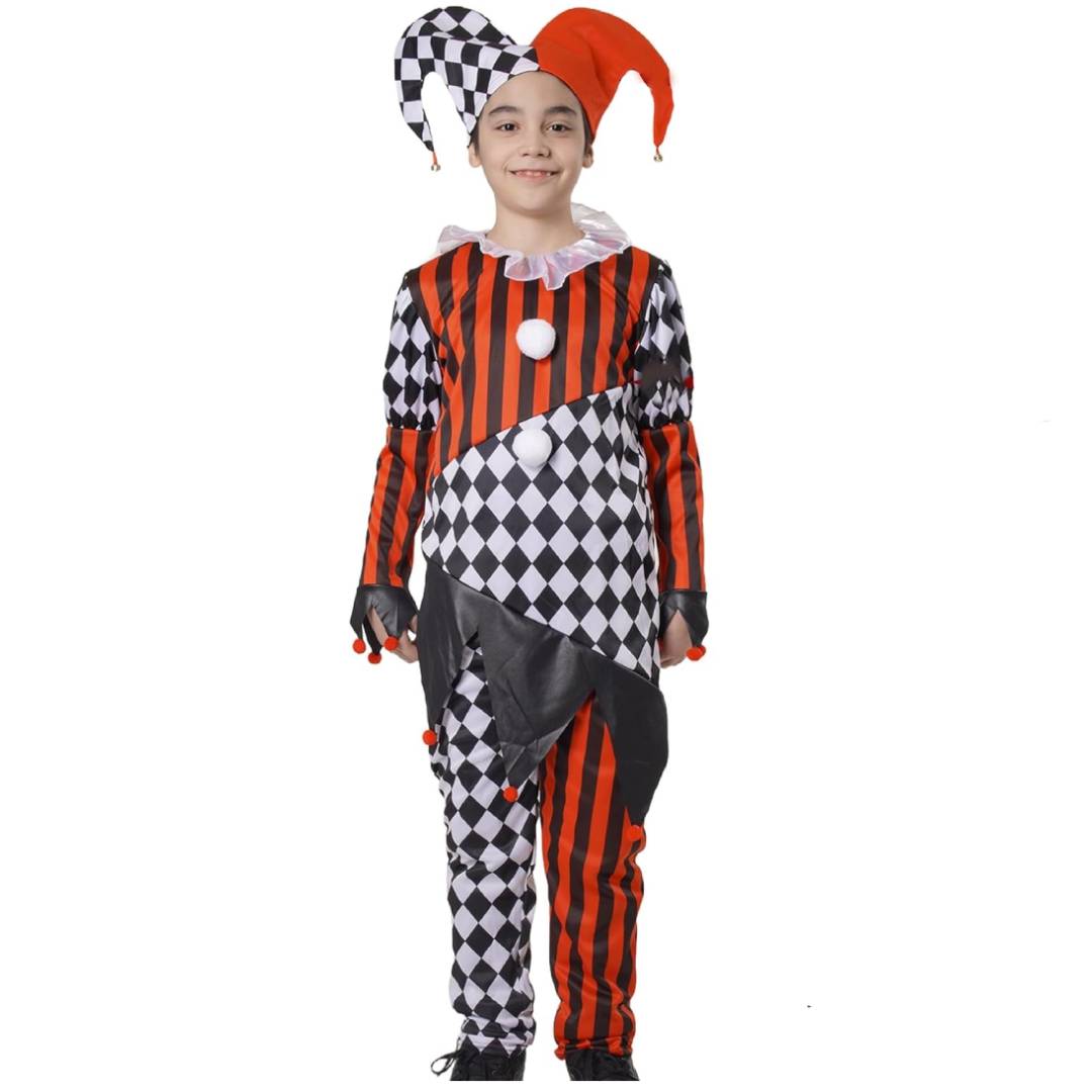 Disfraz Payaso Terror para Niño - Traje Arlequín y Gorro Bicolor Negro y Rojo