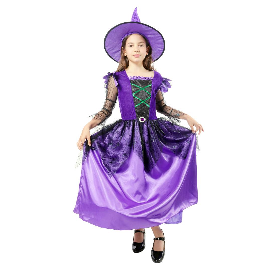 Disfraz de Bruja Vestido con Sombrero Lila para niñas - Talla 3 a 12 Años
