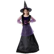 miniatura Disfraz de Bruja para Niña. Vestido y Sombrero Gótico Morado. Halloween y Carnaval.
