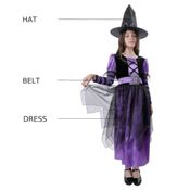 miniatura Disfraz de Hechicera para Niñas. Incluye Vestido y Sombrero. Tallas 3-12 Años.