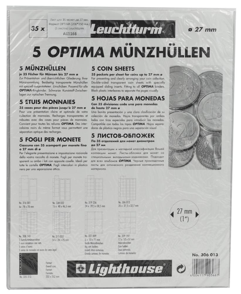 Hojas para monedas Optima Leuchtturm para 35 monedas de hasta 27 mm Ø transparentes - 5 unidades