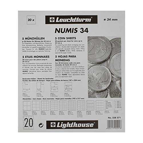 Hojas para monedas Numis Leuchtturm 20 fundas hasta 34 mm Ø - Paquete de 5