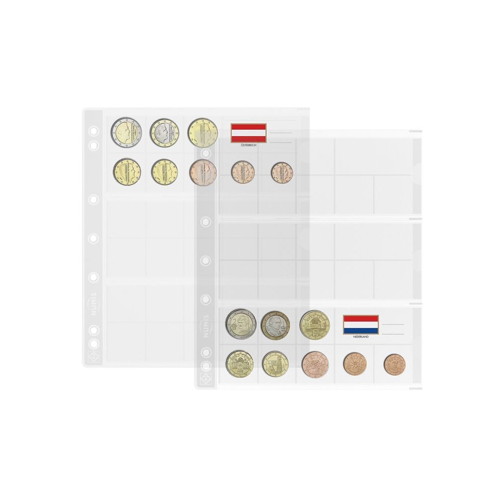 Hojas de monedas Nunis Leuchtturm para 3 series completas de monedas de euro - Paquete de 5