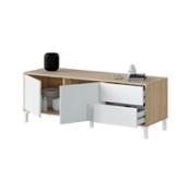 miniatura Mueble TV-2 puertas 2 cajones lado derecho apertura puertas tipo push abierto blanco roble Albatera