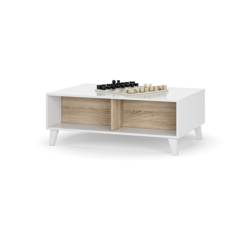 Mesa de centro tapa elevable 2 baldas exteriores y espacio para almacenar cerrada Bassella