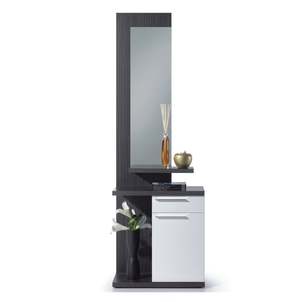 Recibidor con espejo con un cajón y una puerta y 2 estantes abiertos Bausen