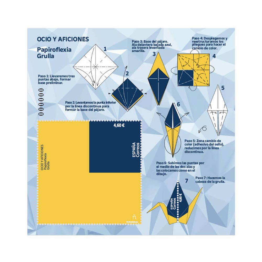 hoja bloque papiroflexia sello de Correos dedicado a la grulla y al origami