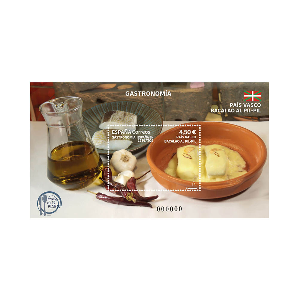 bacalao al pil pil sello hoja bloque con los ingredientes. Serie Gastronomía Correos