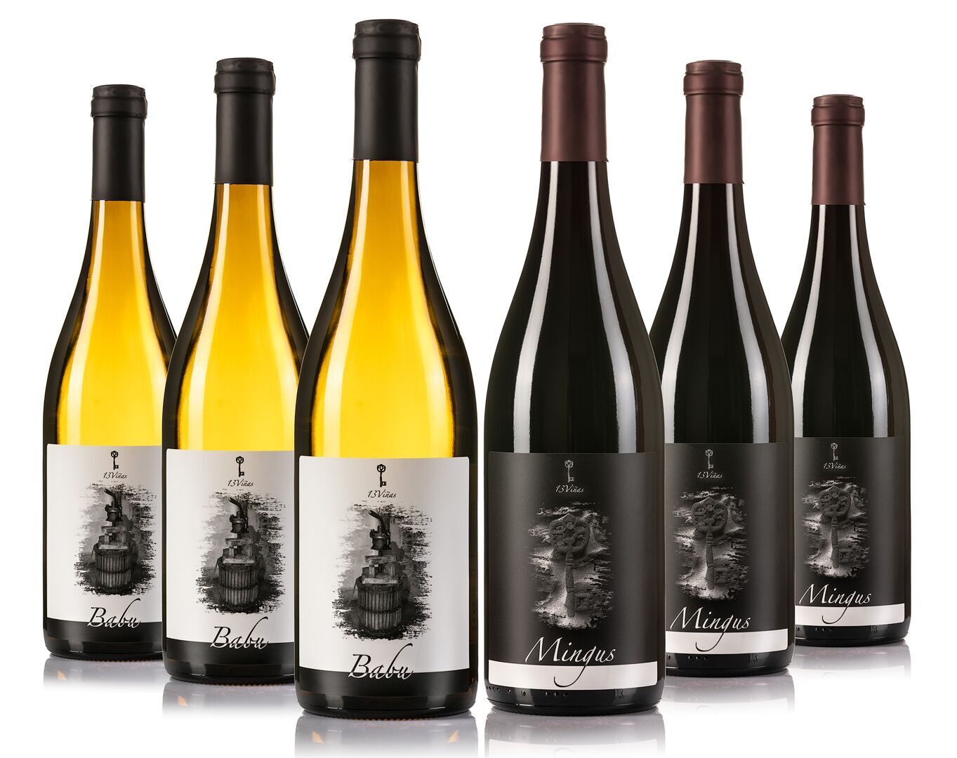 Caja 6 unidades, 3 unidades Babú blanco, 3 unidades Mingus tinto joven