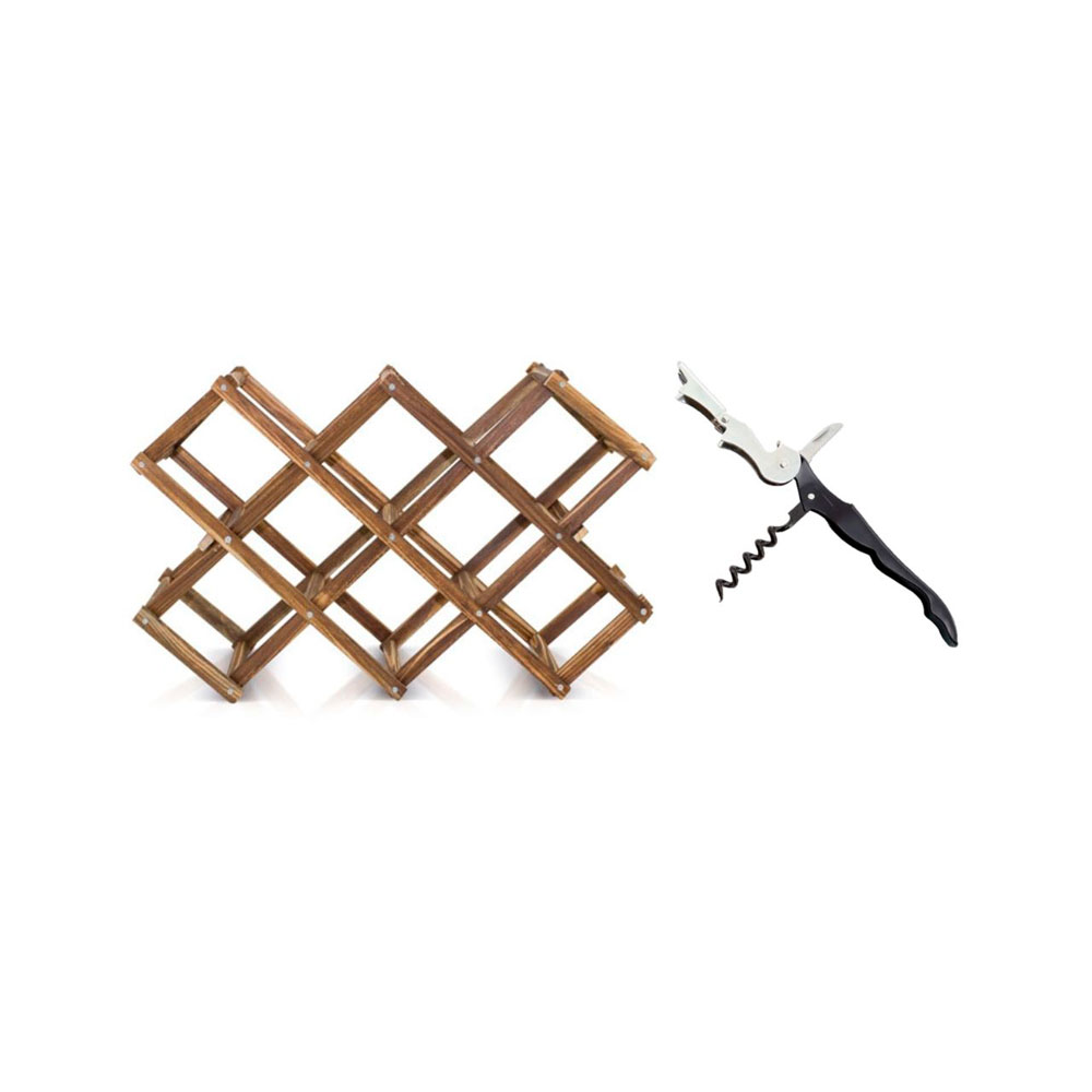 Botellero de Madera para 10 Botellas + Sacacorchos Profesional de Regalo - 49.00 X 25.50 X 15.00 cm