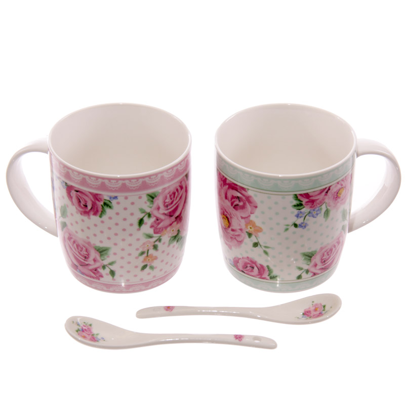 Set 2 tazas flores con cucharillas de cerámica