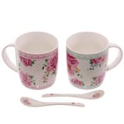 miniatura Set 2 tazas flores con cucharillas de cerámica