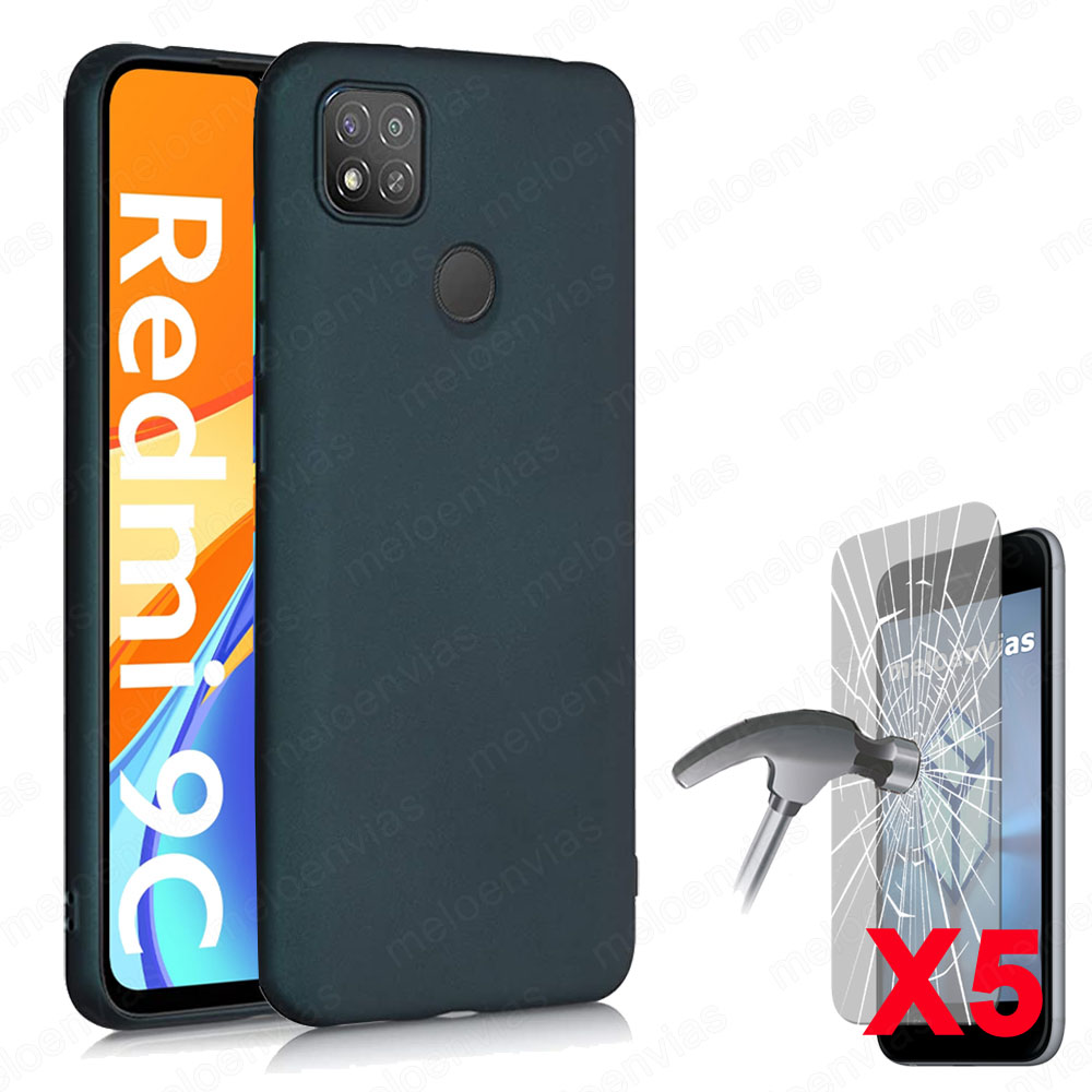 Funda silicona gel + 5 Protectores pantalla de cristal templado para Xiaomi Redmi 9C