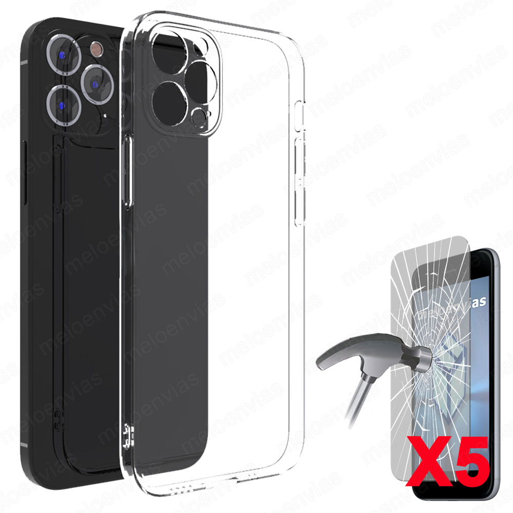 Funda silicona gel transparente + 5 Protectores pantalla de cristal templado para iPhone 14