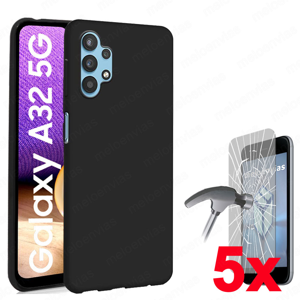 Funda silicona gel negro + 5 Protectores pantalla de cristal templado para Galaxy A32 5G