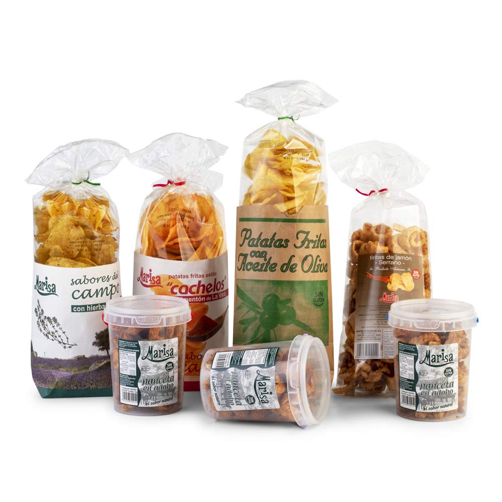 Lote Aperitivo - 3 Panceta + 1 Tiras de Jamón + 1 Patatas Oliva+ 1 Patatas Cachelo + 1 Patatas Hierbas