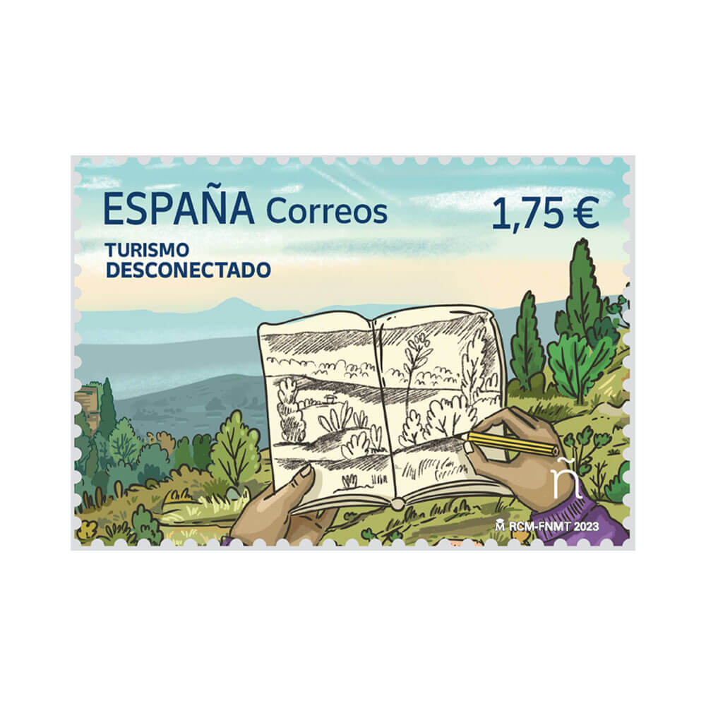 Sello Turismo desconectado Correos con paisaje campestre para coleccionar