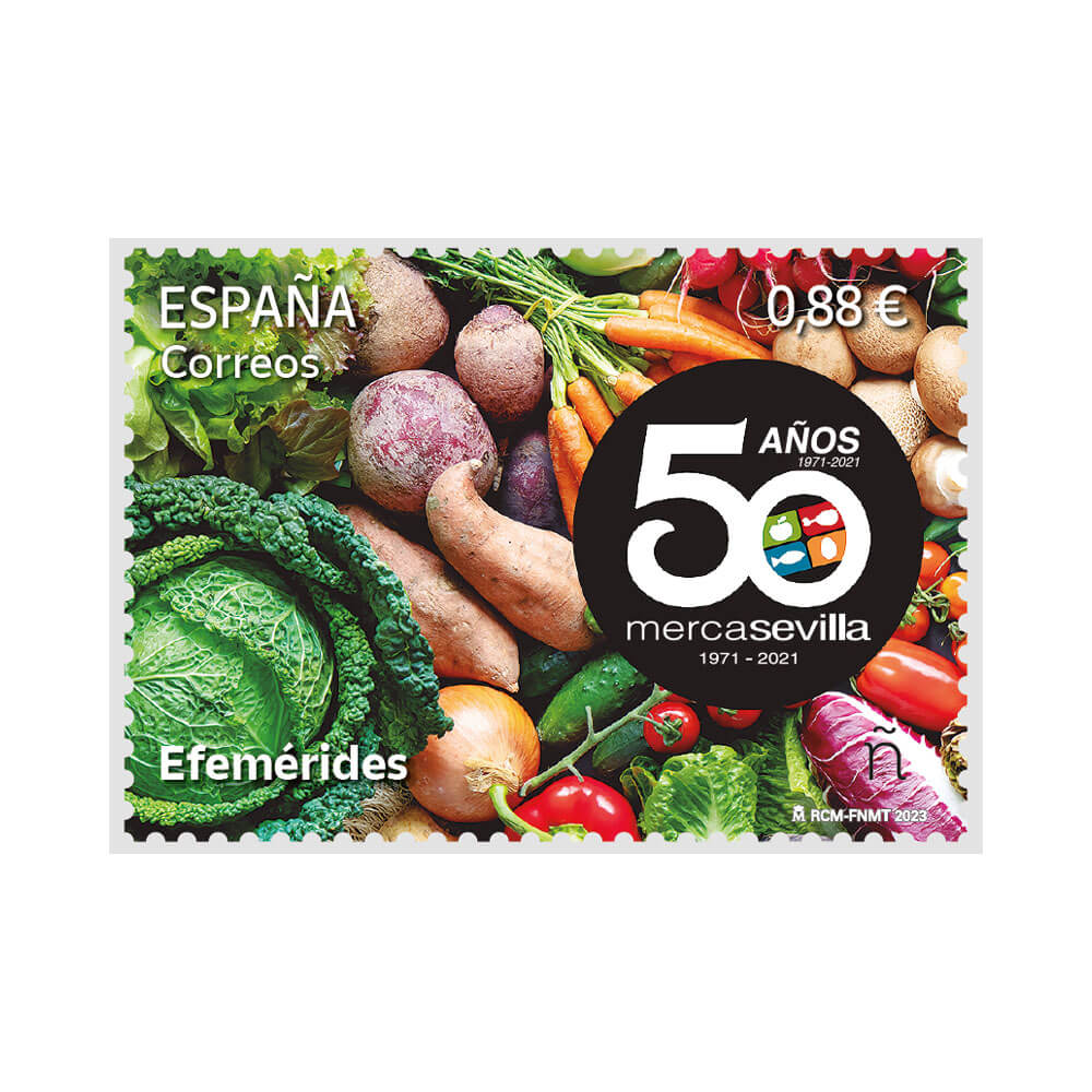 Sello 50 años del nacimiento de Mercasevilla Correos gastronomía para coleccionar