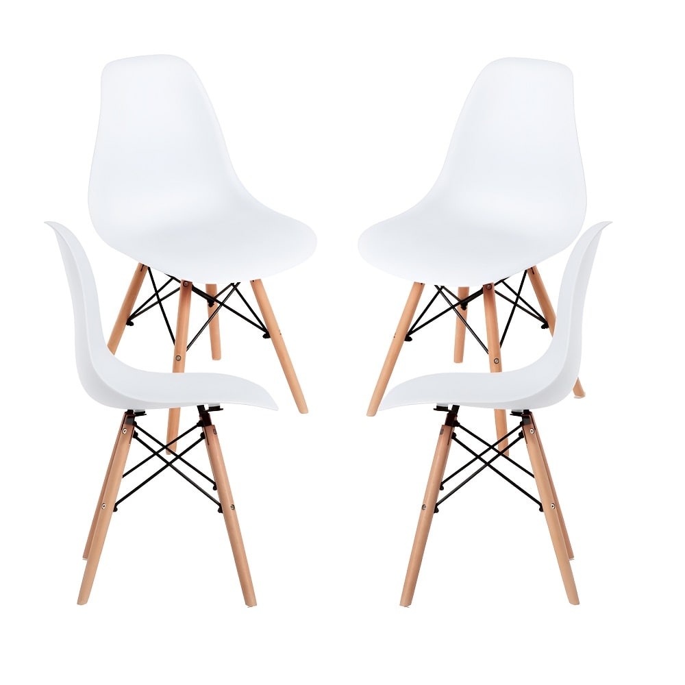 Juego de 4 sillas estilo nórdico plástico patas de madera respaldo alto blanco Malmo