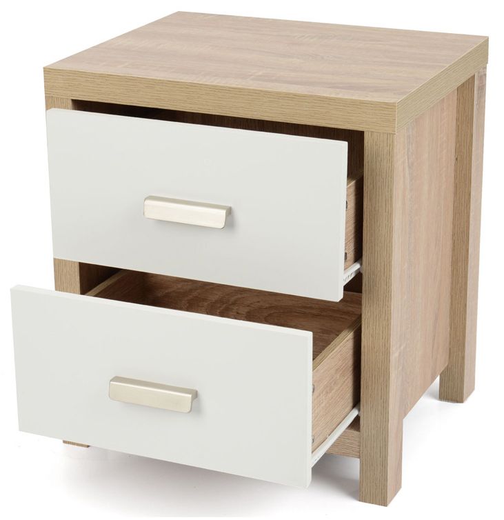 Mesita de noche 2 cajones color cambría blanco y guías metálicas