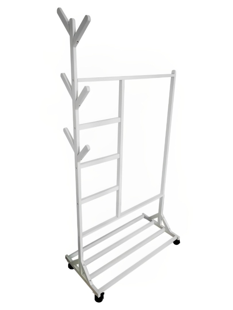 Perchero burro de ropa, madera maciza color blanco con 6 ganchos y estante para zapatos