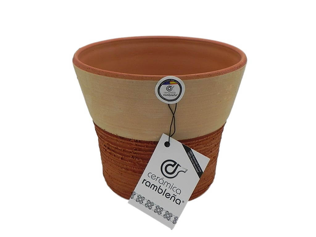 Cerámica Rambleña Maceta de barro rojo decorado rayada rústica