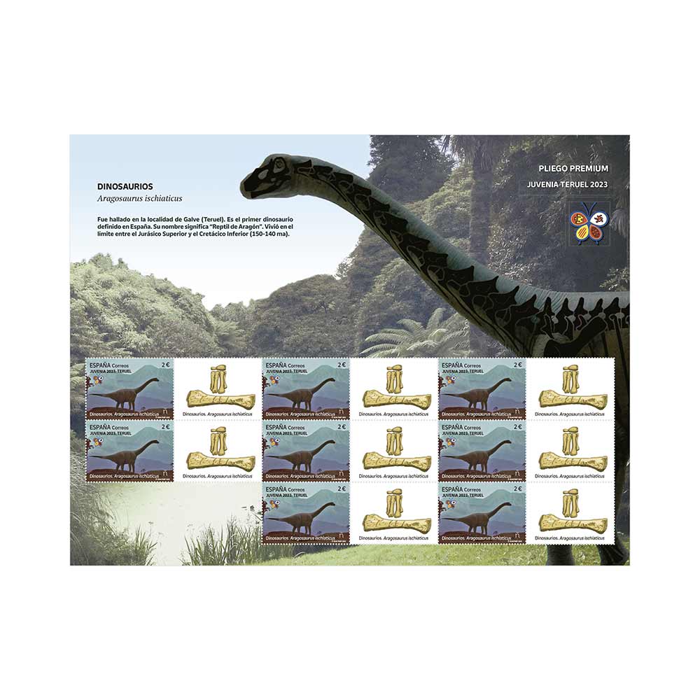 Pliego premium Juvenia 2023. Teruel. Dinosaurios. Aragosaurus ischiaticus Correos