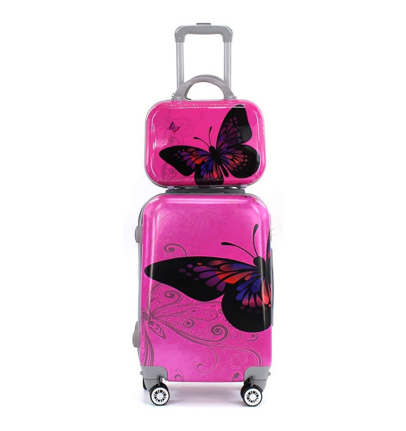 Coshano Maleta con neceser 4 ruedas giratorias 360° Mariposa Fucsia