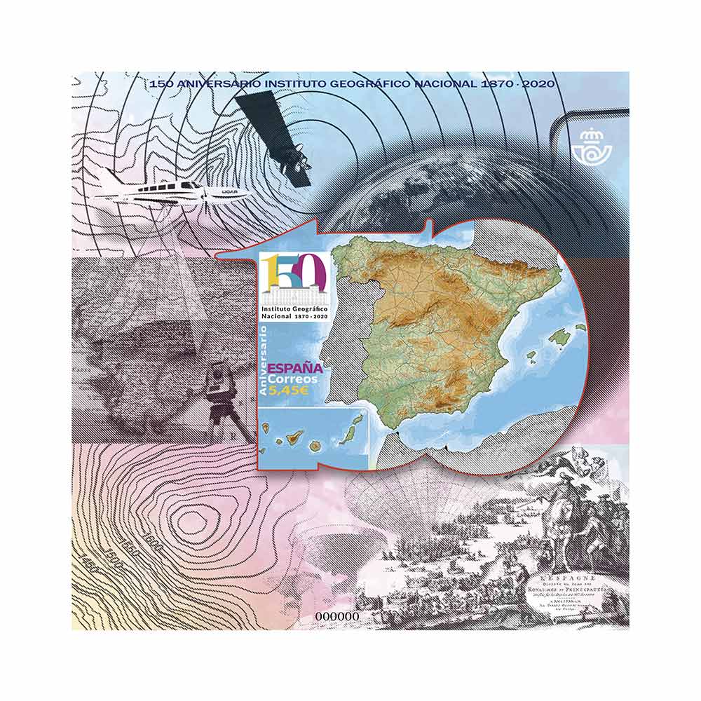 sello que conmemora los 150 años del Instituto Geográfico Nacional. Sello de Correos - hoja bloque