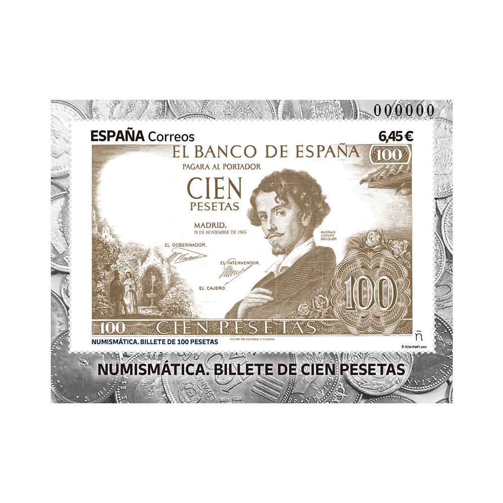 Sello Numismática. Billete de 100 pesetas Correos