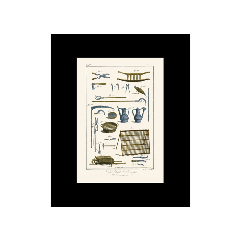 Lámina Tassotti herramientas de jardín antiguo