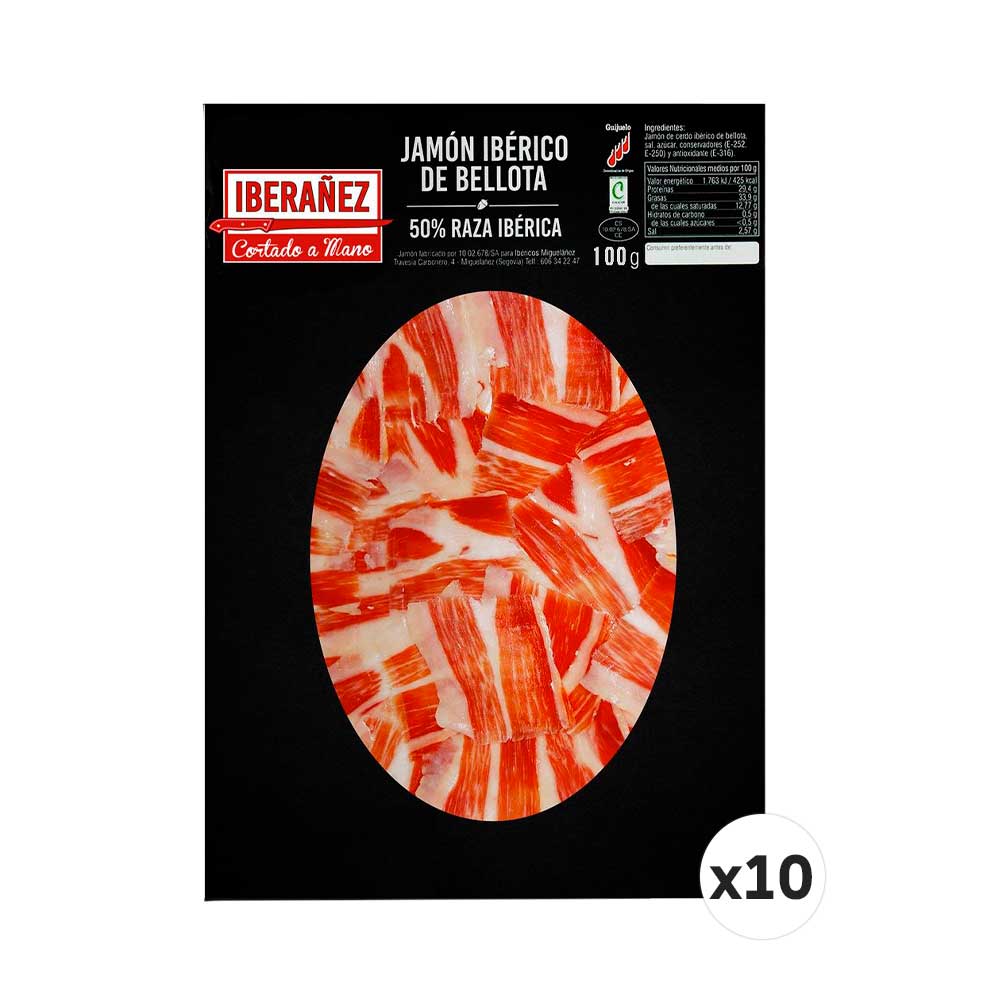 10 sobres x100gr de Jamón de bellota ibérico cortado a mano y envasado al vacío.