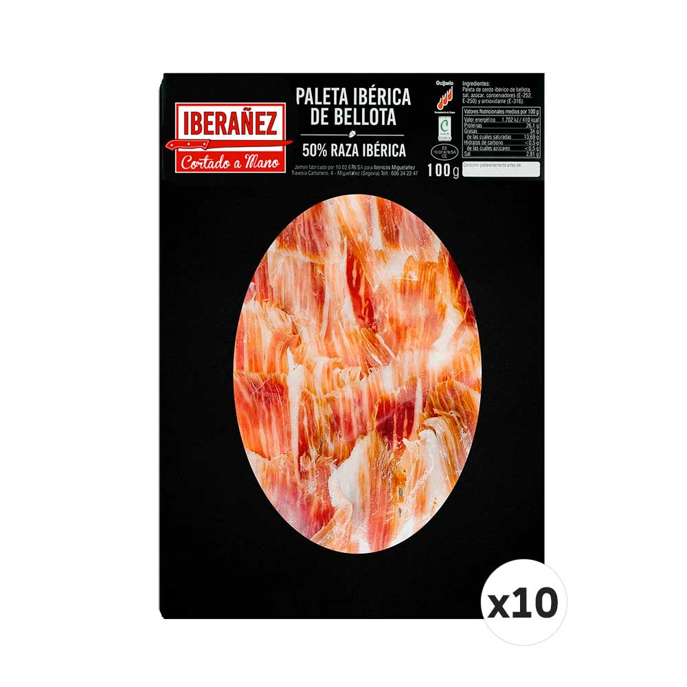 10 sobres x100gr de Paleta de bellota ibérica cortado a mano y envasado al vacío